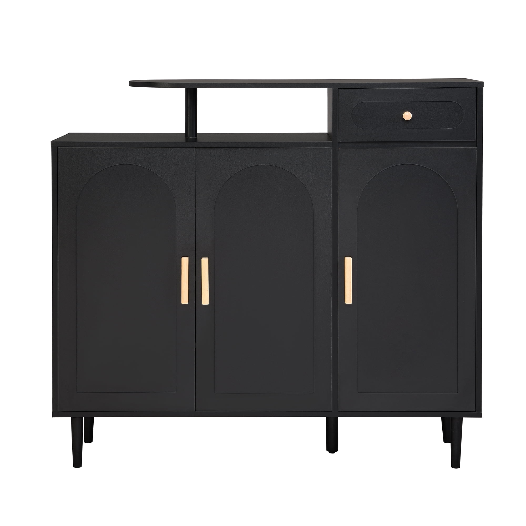 MAYEERTY Elegant Shoe Cabinet with Arched Doors and Drawer, Cream Style Storage Sideboard with Adjustable Shelves and Solid Wood Legs for Entryway, Living Room, Black