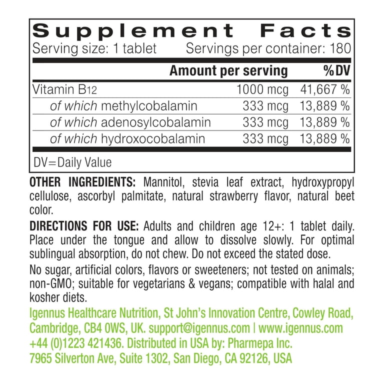 Igennus, Vitamin B12 Complex, Sublingual, Vegan, 180 Servings