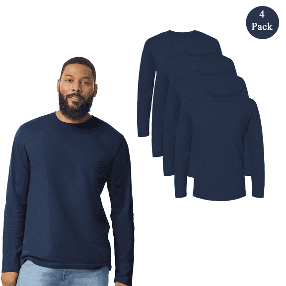 Gildan Men's Softstyle Long Sleeve T-Shirt, 100 Percent Cotton Crew Neck Blank Tee, Navy, 4-Pack, S