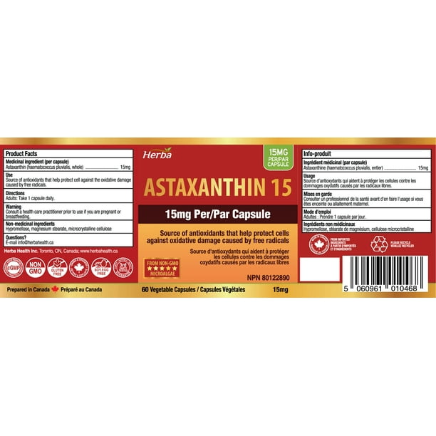 Herba Astaxanthin Supplement 15mg – 60 Vegetable Capsules | Made with  Non-GMO Micro-algae | Source of Antioxidant | Made and Third Party Tested  in 