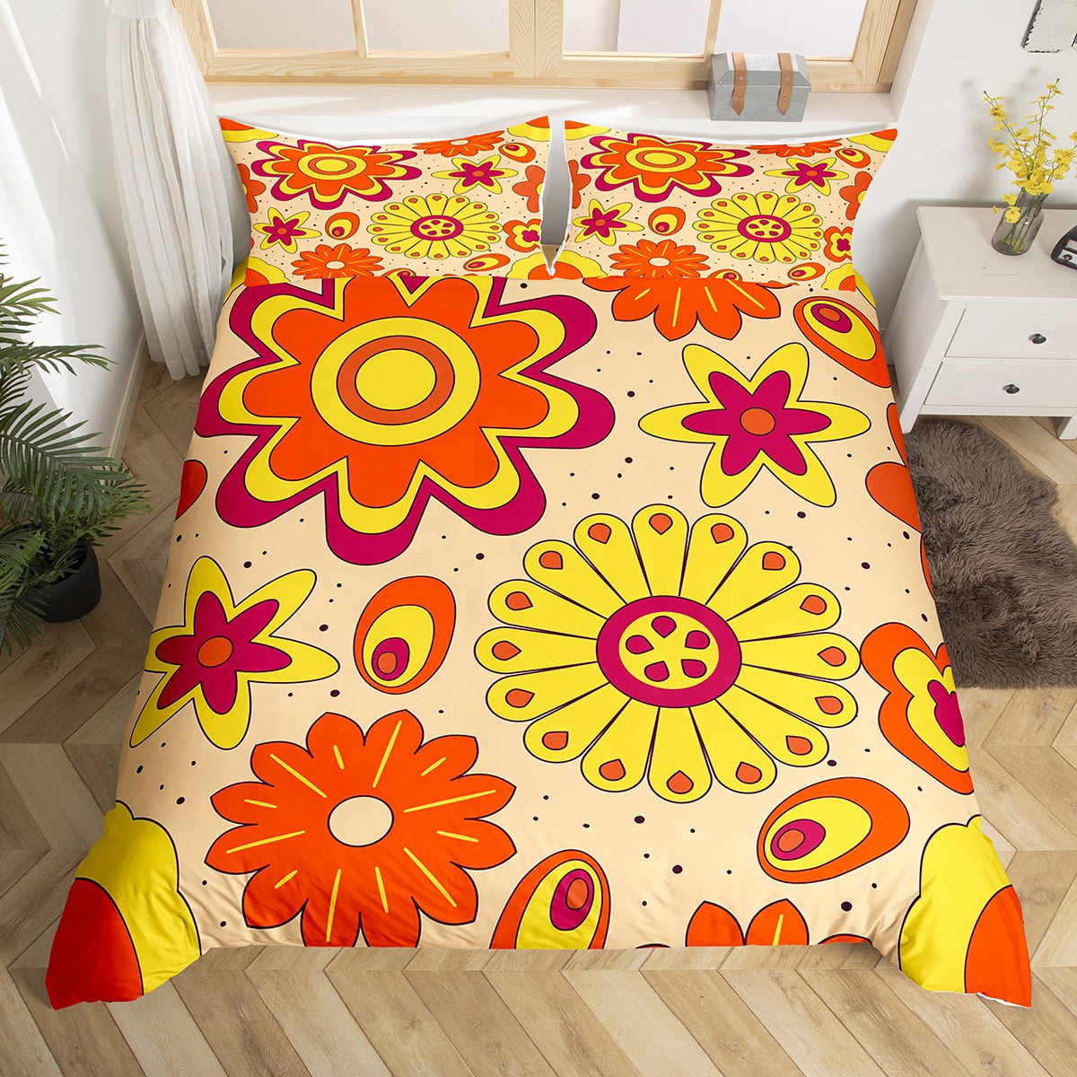 Groovy Flower Power Bedding Set Twin For Girls,Hippie Aesthetic Vintage Floral Duvet Cover