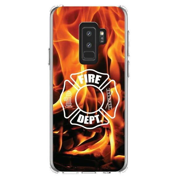 DistinctInk Clear Shockproof Hybrid Case for Samsung Galaxy S9  PLUS (6.2" Screen) - TPU Bumper, Acrylic Back, Tempered Glass Screen Protector - Flames Fire Department Maltese Cross