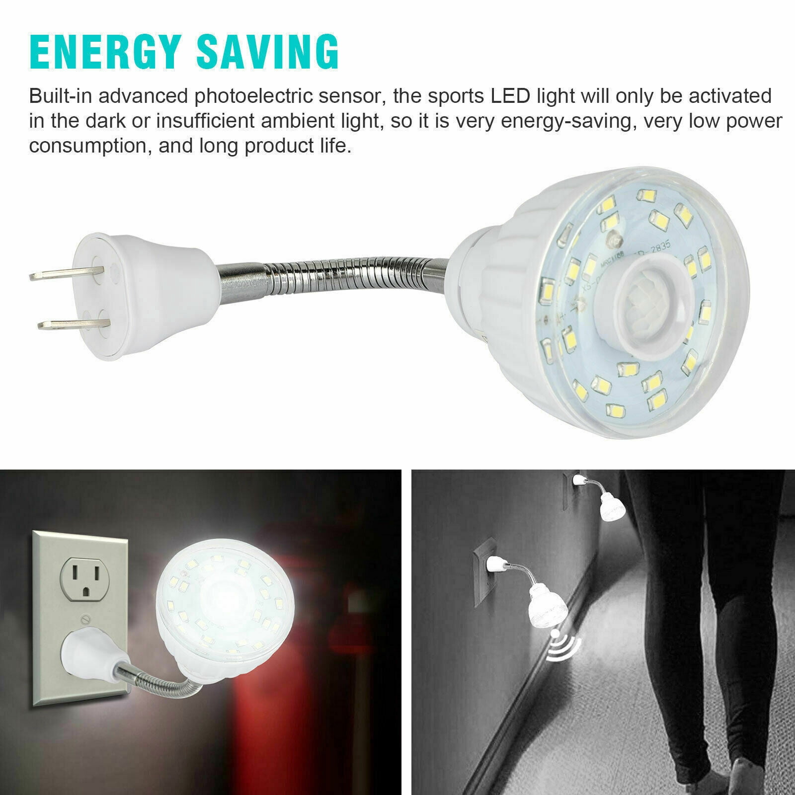 LED Motion-Activated Rotating Flexible Sensor Night Light AC Outlet Plug-in Wall