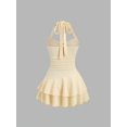 thumbnail image 2 of Yellow Womens Halter Tie Front Ruched Bust Textured Layered Ruffle Hem Mini Dress, 2 of 6