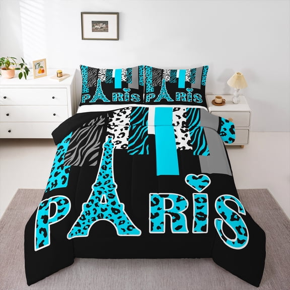 Homewish Fashion Eiffel Tower Teens Bedding Comforter Set, Modern Zebra Cheetah Print Twin Comforter Sets, Chic Cyan Polkadots Reversible Bedding Set, Lightweight Room Decor, 2 Pieces