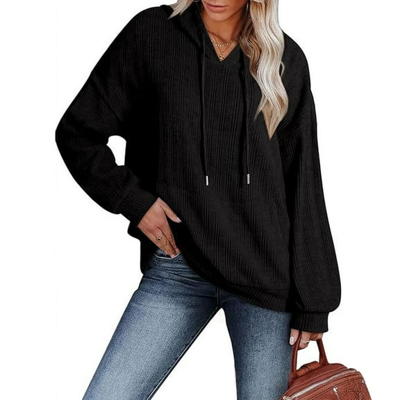 2025 Fall Fashion Women's Casual Loose Solid Color Long-sleeved Textured Knit Drawstring Hooded Sweatshirt With Pocket