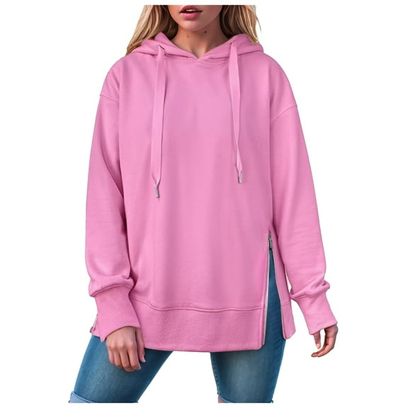 Kaprioy Women Oversized Hoodies Side Zipper Fleece Long Sweatshirts Lightweight Tunic Pullover Fall Fashion Clothing Trendy Clothes Pink, XL