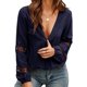 thumbnail image 2 of Top informal para mujer, cuello en V profundo, manga larga hueca, ajuste holgado, Color puro, blusa para mujer para el trabajo, vacaciones diarias, azul marino S, 2 of 6
