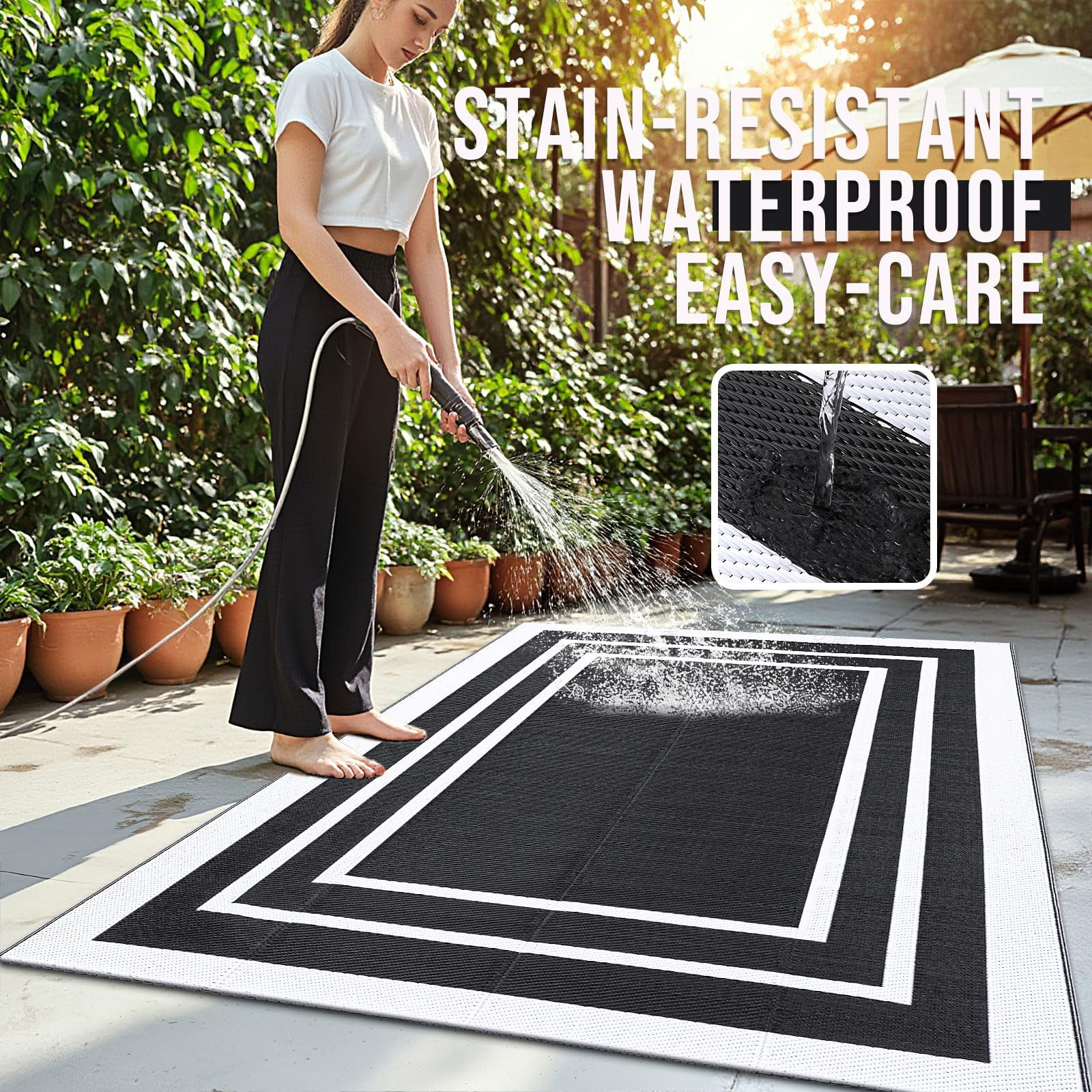 Smiry Outdoor Rugs 6x9, Waterproof Plastic Straw Indoor Outdoor Mat for Patio, RV Camping, Deck,Porch, Black & White