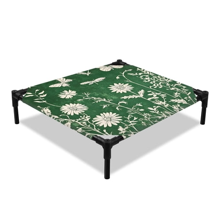 Spring Floral Elevated Dog Bed White Butterfly Floral Green Grass Leaf Vintage Cooling Breathable Outdoor Raised Dog Cot Bed with Metal Frame Non-Slip Feet for Small Dog 20x20in