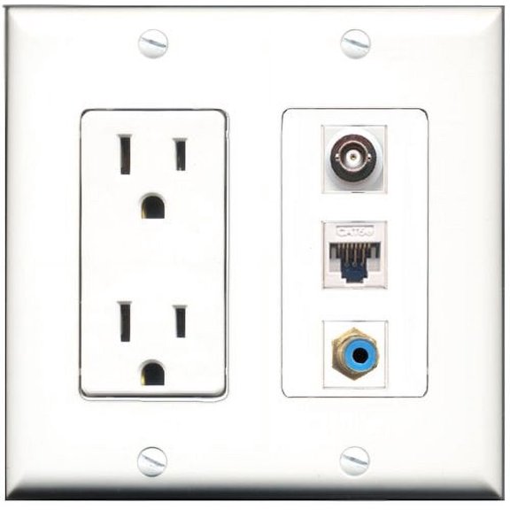 RiteAV - 15 Amp Power Outlet 1 Port RCA Blue 1 Port BNC 1 Port Cat5e Ethernet White Decorative Wall Plate