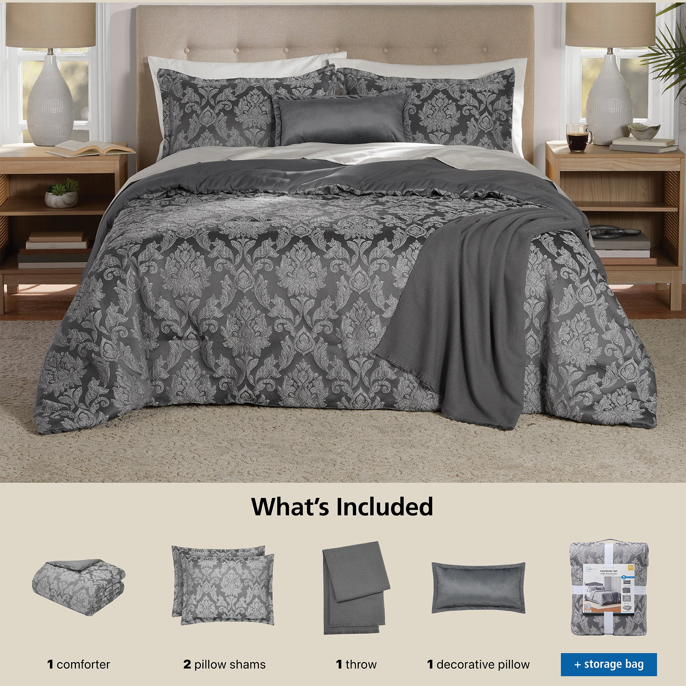 Mainstays Full/Queen Comforter Set, All-Season, 5-Piece, Grey Jacquard Damask