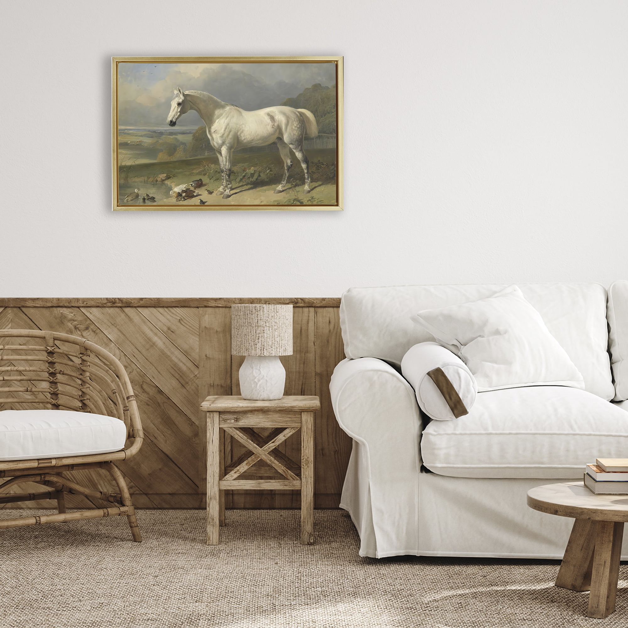 Stupell Industries Grey Horse And Ducks In Landscape Gold Framed Floater Canvas Wall Art, design by Tina LeCour