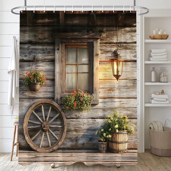 Rustic Barn Shower Curtain Farmhouse Brown Wood Wooden Wheel Floral Lantern Country Western Vintage Rural Wildflower Bathroom Decor Polyester Curtains with Hooks,72"W x 72"L