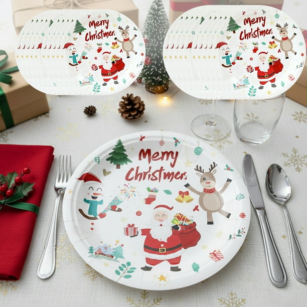 Juego de 10 Platos de Papel Navideños, Vajilla Desechable con Papá Noel, Reno y Muñeco de Nieve, con Suministros para Fiestas de Invierno.