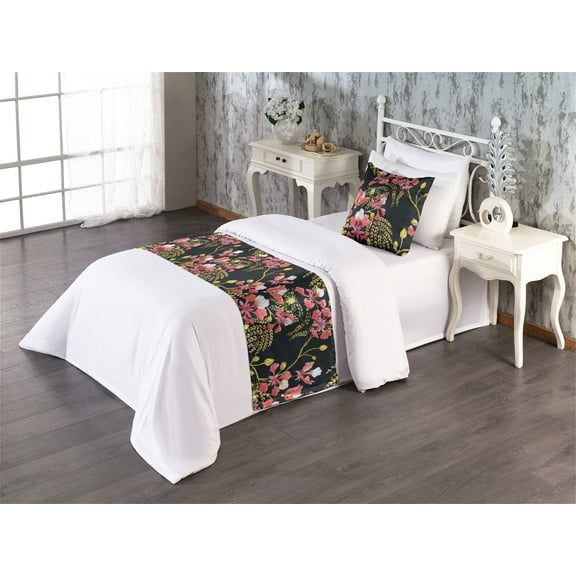 Spring Bed Runner Set, Branches with Flowers Leaves Art in Watercolor Hand-Drawn Style, Decorative Bedding Scarf & a Pillow Sham for Hotels Homes, Twin, Pale Fuchsia Khaki and Pink, by Ambesonne