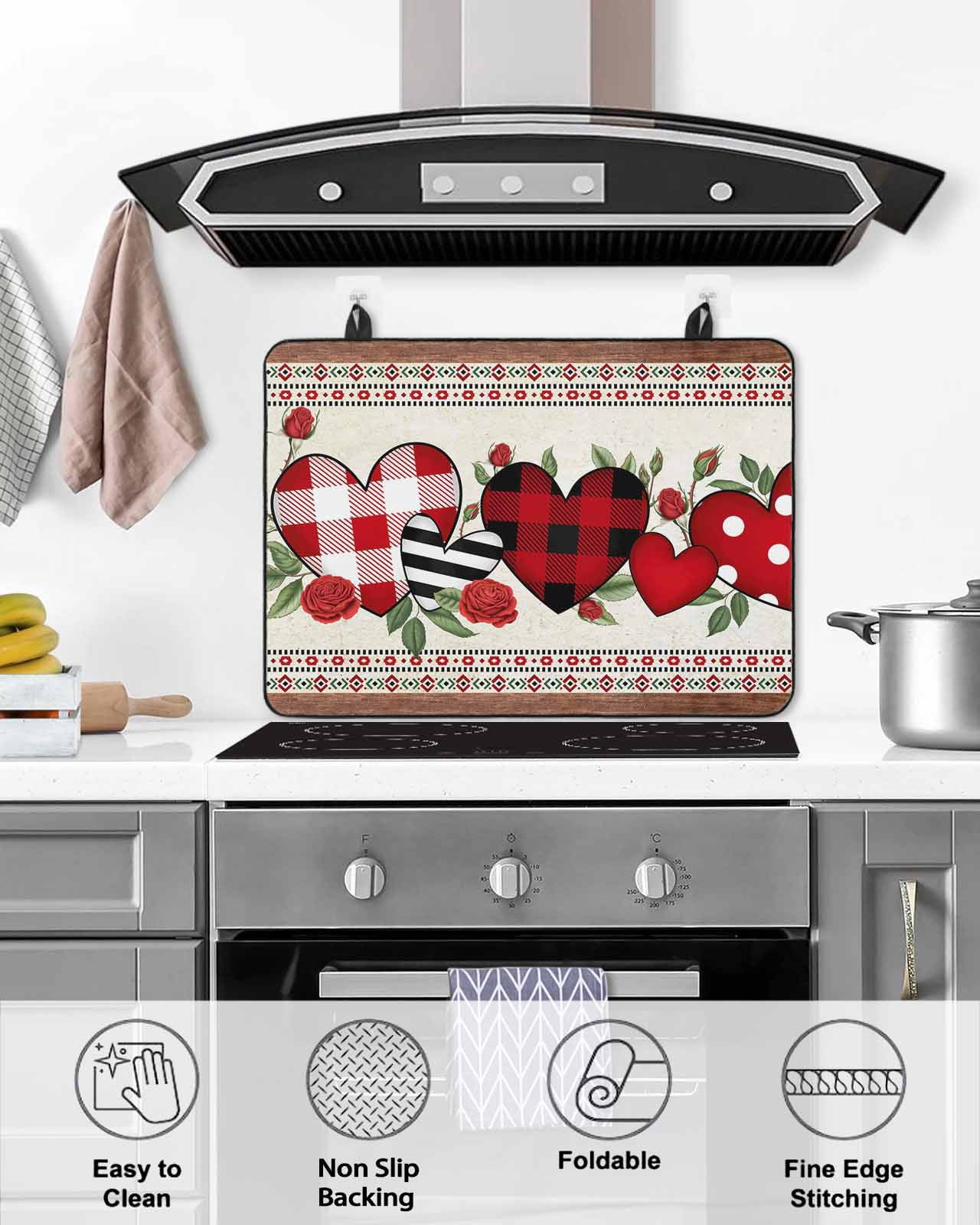 Large Induction Cooktop Protector Mat Love Heart Valentine's Day Stove Top Covers for Electric Stove, Spring Floral Roses Romantic Decorative Stove Burner Cover Mats, Glass Top Stove Cover