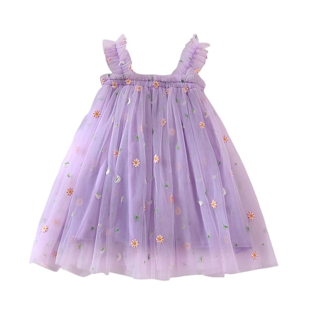 FAOWME Robe de Fête Sans Manches pour Filles, Robe de Danse Florale, Robe d'Été Col Rond Violette 2-3 Ans