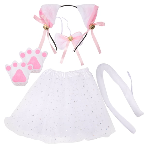 KAKOWELY 1 juego de disfraz de gato para niños, diadema con orejas de gato, guantes, pajarita, cola, falda tutú para fiesta