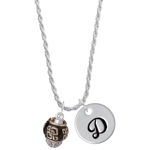 Delight Jewelry Silvertone Chinese Pattern on Black Spinners Silvertone Script Initial Disc - D - Charm Necklace, 20"+3"
