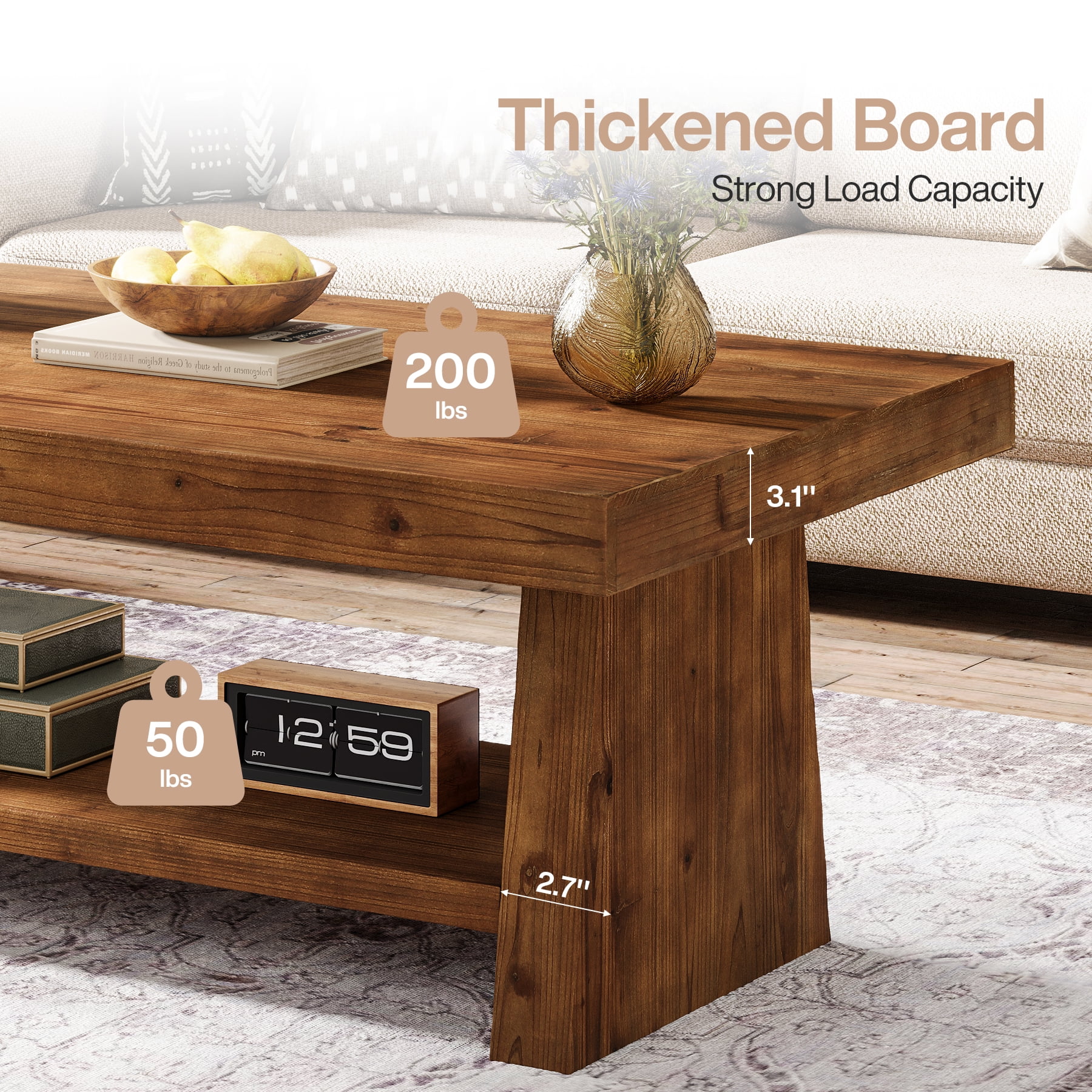 Finmind 2-Tier Solid Wood Coffee Table, 47-Inch Farmhouse Center Table with Storage,Rectangular Tea Table for Living Room, Natural Brown