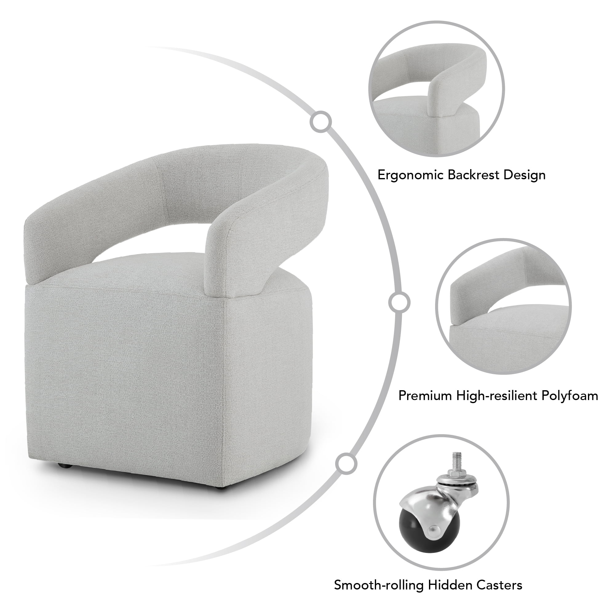 Spruce & Spring Upholstered Dining Chair with Open Back and Hidden Casters, Single, Light Grey(Multi-Colored)