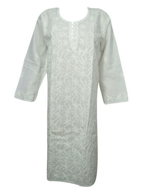 Mogul Women's White Cotton Long Tunic Dress Hand Embroidered Ethnic Wear Summer Beach Caftan Dresses L