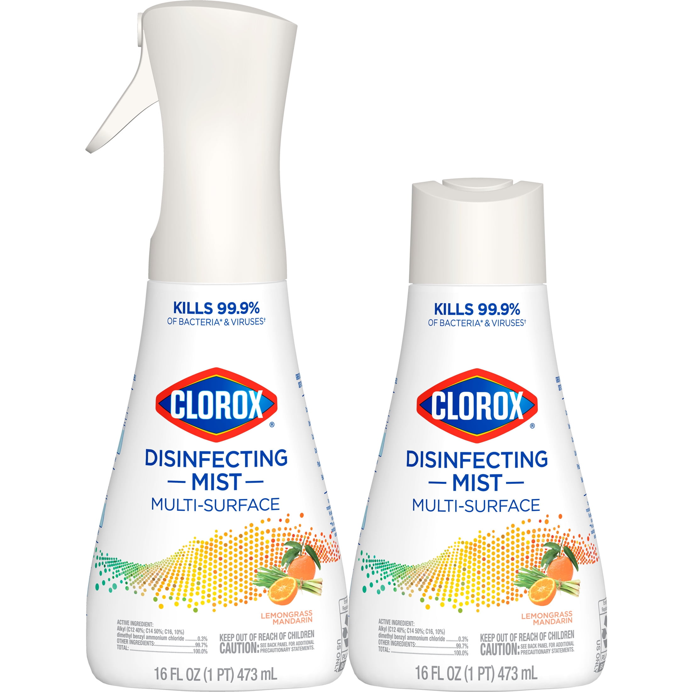 Clorox Disinfectant Mist, 1 Multi-Surface Spray and 1 Refill, Lemongrass Mandarin, 16 fl oz, 2 Pack