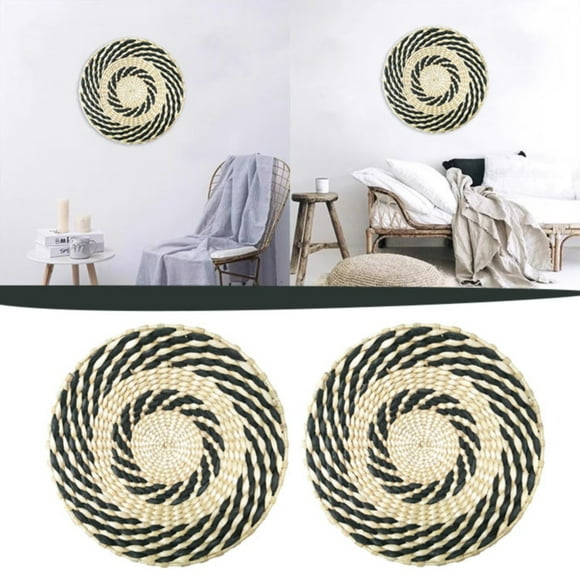 Home Decor Wall Basket Decor Boho Wall Hanging Decor Rattan Wall Decor Flat Round Wicker Woven Macrame Tapestry Wall Basket Serving Tray Art Handmade Set for Room Bedroom Living Room Mantel Decor