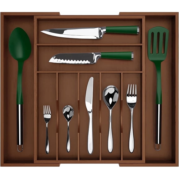 Royal Craft Wood Luxury Bamboo Kitchen Drawer Organizer - Silverware Organizer - Utensil Holder and Cutlery Tray with Grooved Drawer Dividers for Flatware and Kitchen Utensils (9 Slot, Brown)