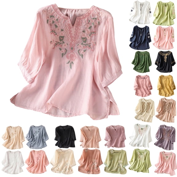Summer Tops for Women Embroidered 3/4 Sleeve Boho Linen Shirts V Neck Tunic Peasant Clothes