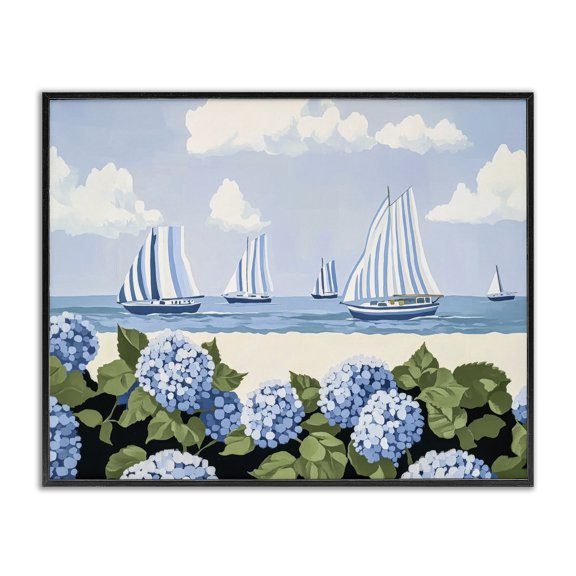 Stupell Industries Striped Sails & Seaside Hydrangeas Black Framed Giclee Art, design by Sisi and Seb