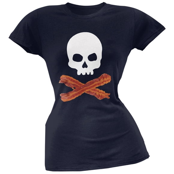 Bacon Skull And Crossbones Navy Soft Juniors T-Shirt