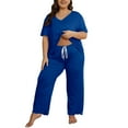 thumbnail image 2 of gbyLJF Women Plus Size 2 Piece Outfits V-neck Short Sleeve Shirts Drawstring Long Pants Solid Color Tracksuits XL-5XL, 2 of 5