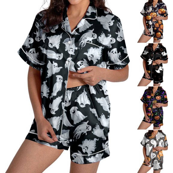 CAIXIA Halloween Womens Soft Silky Satin Pajamas Set 2 Piece Button Down Short Sleeve Shorts Pjs Set Graphic Printed Lounge Sets Relaxed Fit Ruffle Notch Collar Soft Loungewear for Ladies Sleepwear