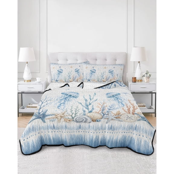 Quilts Twin XL Size, Jellyfish Coastal Soft Comforter Bedding Set for Bed, Seaside Vintage Starfish Nautical Geometric Lightweight Quilted Bedspread with Pillow Cover(2 Pieces), 68x98 Inch