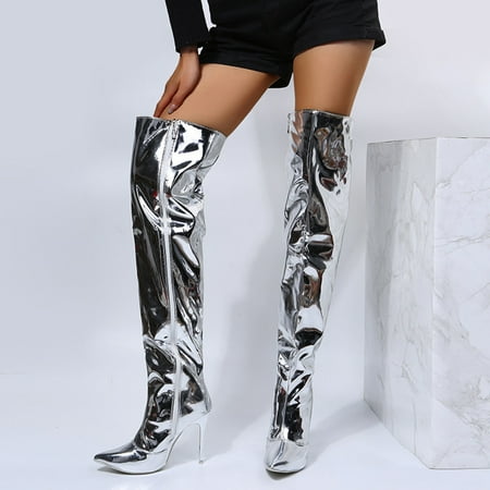 

Christmas Ladies Fashion Solid Color Bright Leather Side Zipper Thin High Heel Over The Knee Boots