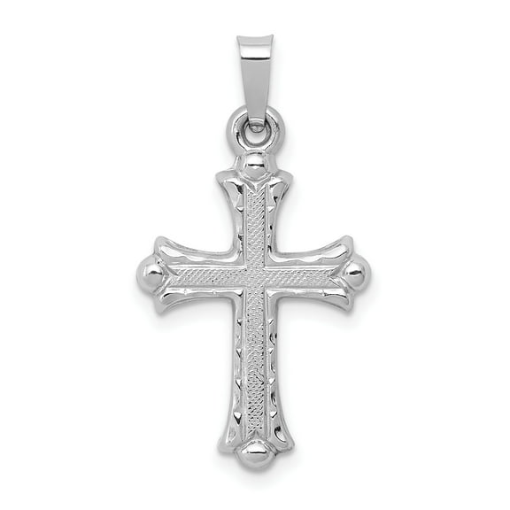 14K White Gold Fleur de Lis Cross Pendant, Textured & Polished, 26.5mm