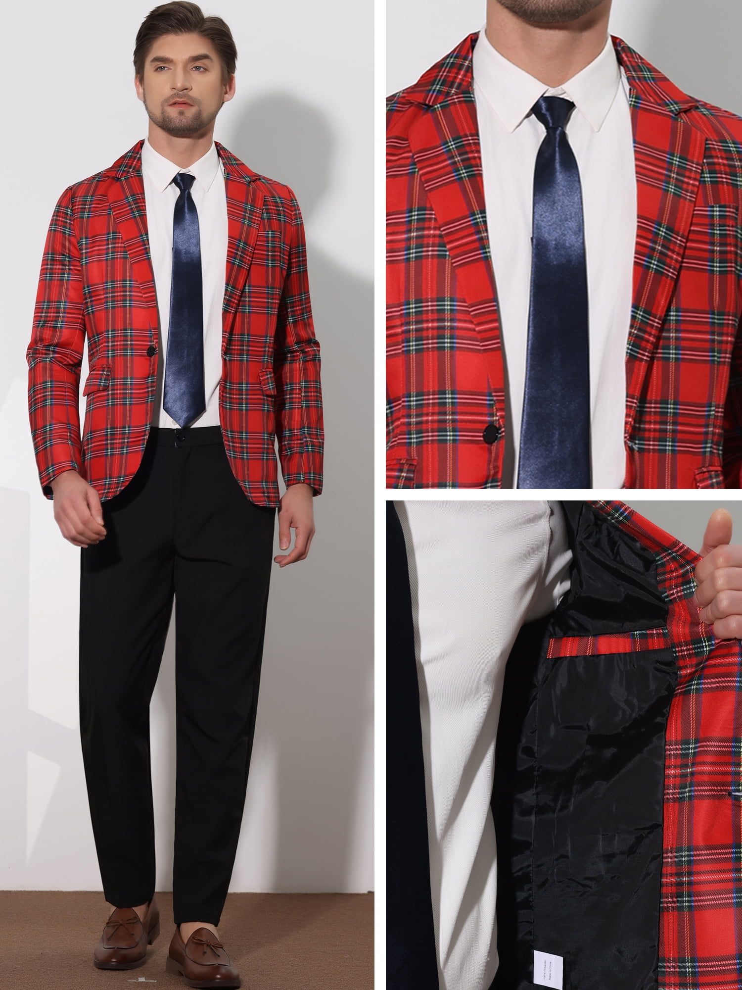 DARING DIVA Men's Plaid Blazers Notch Lapel Checked Wedding Dinner Sports Coat S Red