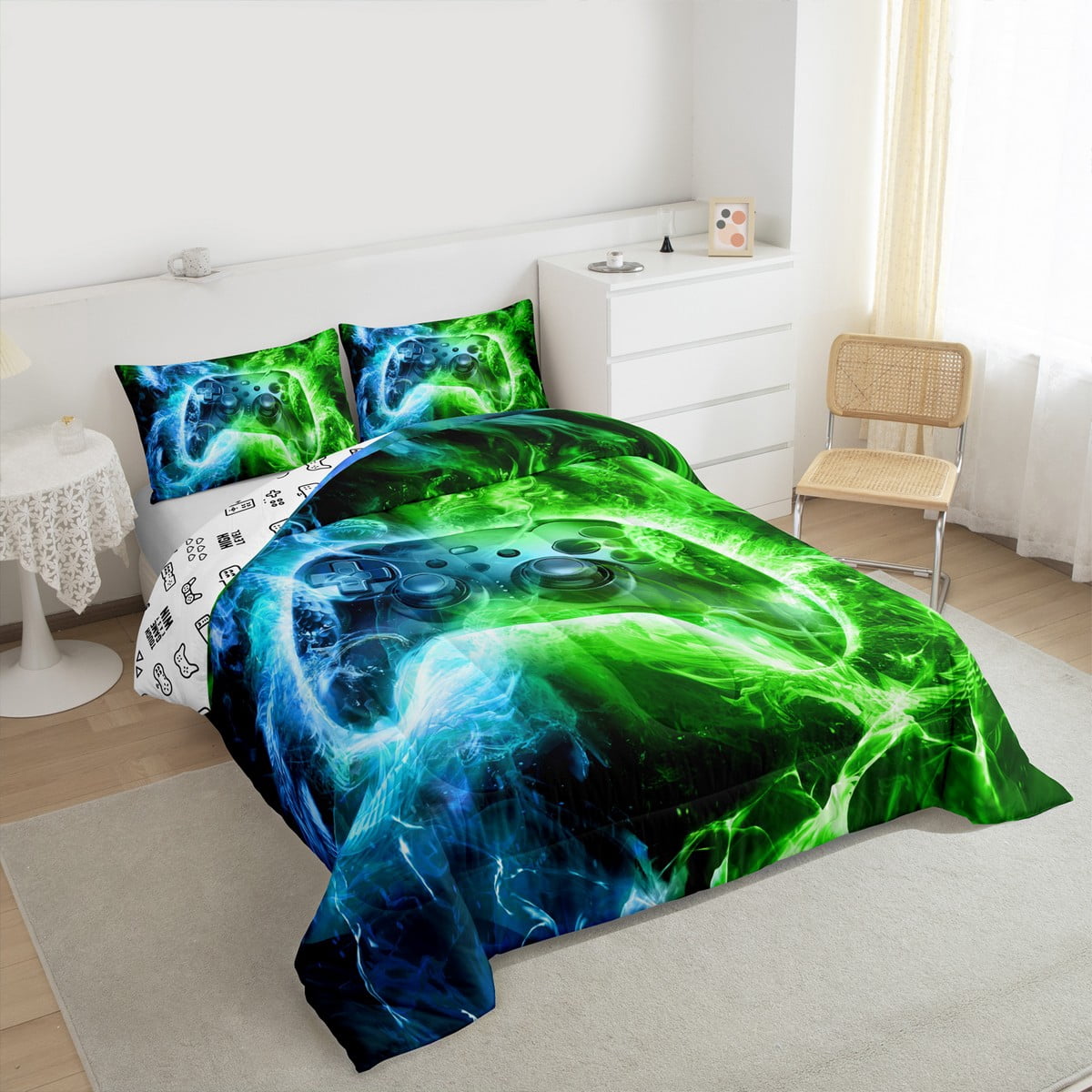 Feelyou Cartoon Game Console 01, Green Blue Twin Comforter Sets, Video Game Lover Reversible Bedding Set, Lightweight Room Decor,2 Pieces
