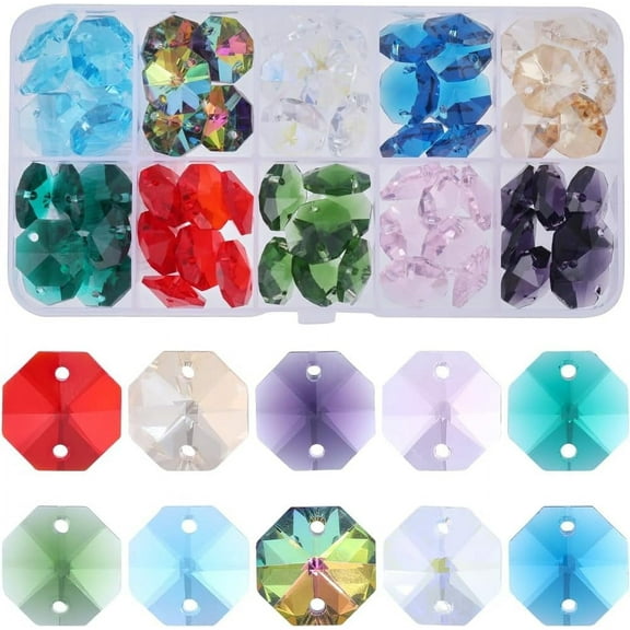 1 Box 80Pcs 8 Colors Glass Octagon Crystal Beads Colorful Prism Bead Bulk Chandelier Replacement Connector Suncatcher Gemstone Faceted Loose Mixed Color DIY