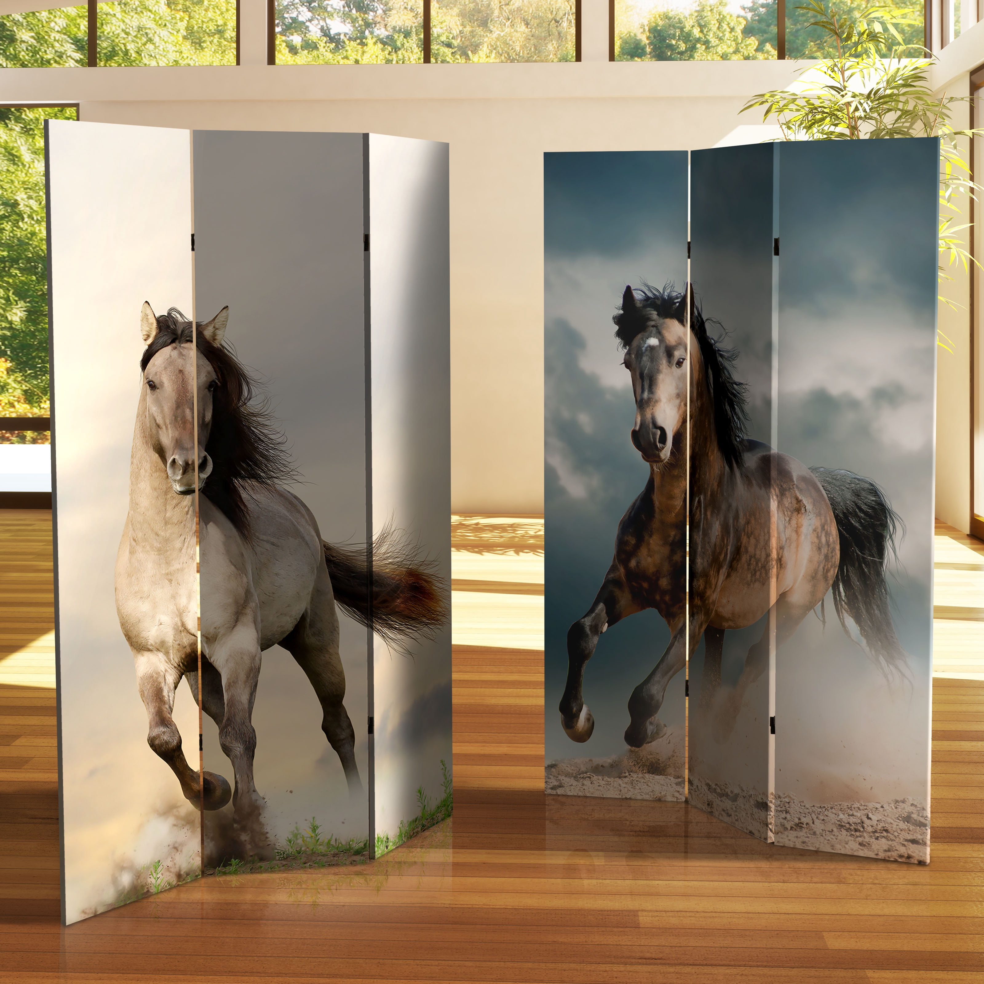 Oriental Furniture 6 ft. Tall Galloping Horses Canvas Room Divider - 3 Panel