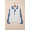 thumbnail image 3 of Stylish Light Grey Denim Patchwork Top with Buttoned Polo Collar – Perfect for Autumn Days, L, 3 of 11