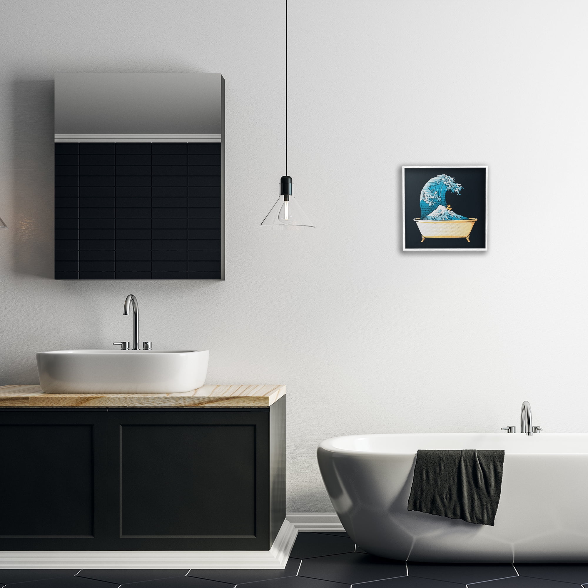 Stupell Industries Bathtub with Kanagawa Wave White Framed Giclee Art, design by Tobe Fonseca