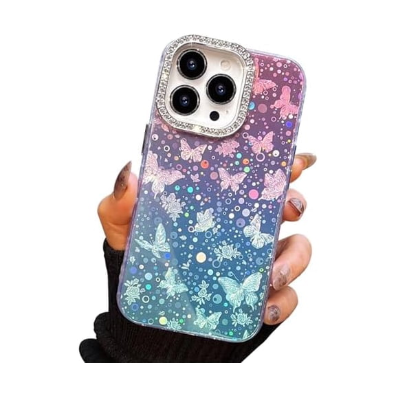 FU1999 Compact Case for iPhone 13 Pro Butterfly Design,3D Diamond Camera Lens Protection Frame,Cute Soft Slim TPU Shockproof Protective Phone Cases Cover for Women Girls Gradient Pink-Cyan