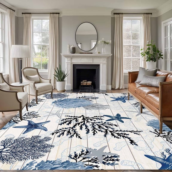 Navy Blue Sea Turtle Coastal Area Rugs 5'x8', Small Throw Rugs for Classroom Bedroom, Beach Black Coral Nautical Vintage Indoor Outdoor Rug Non-Slip Low Pile Carpet Runner Reversible Floor Mats