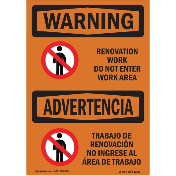SignMission OS-WS-A-1218-L-12807 12 x 18 in. OSHA Warning Sign - Renovation Work Do Not Enter Work Area