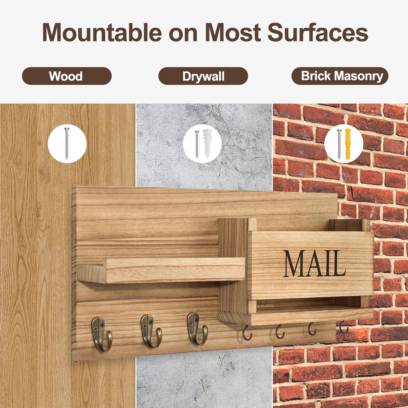Wall Mounted Coat Rack, Key Holder with Mail Organizer for Entryway, Wooden Shelf with Hooks for Home Decor and Storage