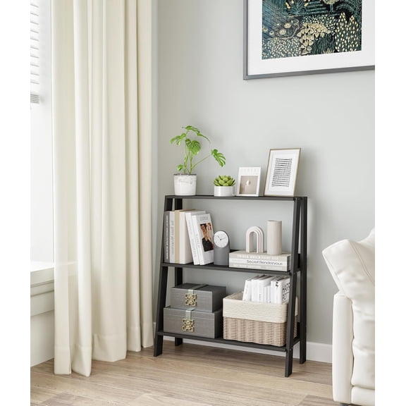 VPSMAT Small Bookshelf with Storage, 3-Tier Bookcase, Ladder Bookshelf, Freestanding Display Stand for Home Office, Living Room, Kitchen, Bedroom, Black