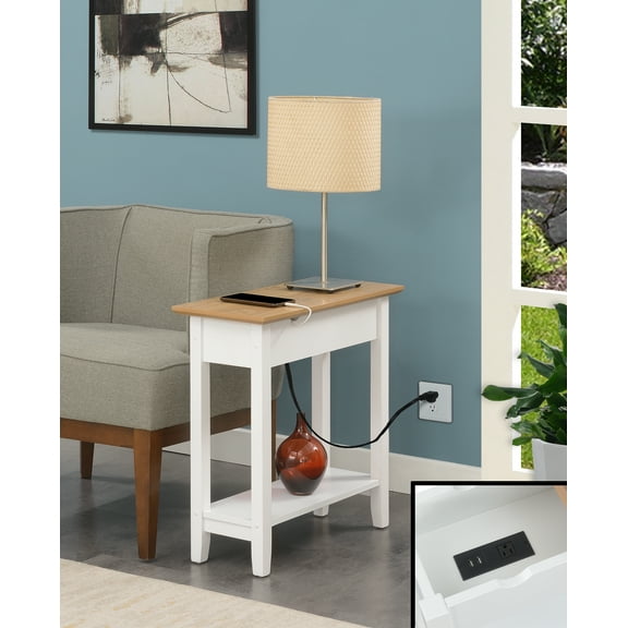 Convenience Concepts American Heritage Flip Top End Table with Charging Station and Shelf, Driftwood/White